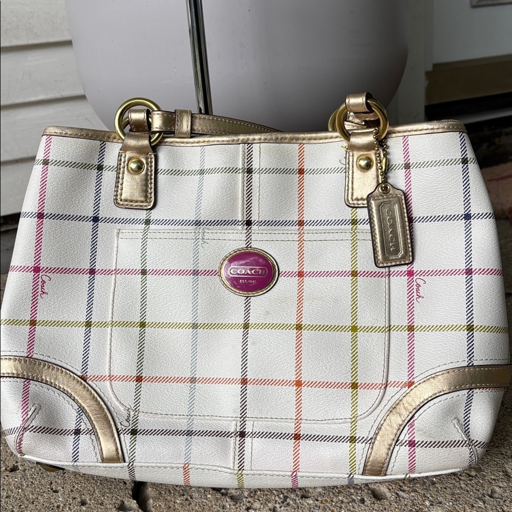 Coach leather plaid shoulder tote bag - Picture 2 of 10